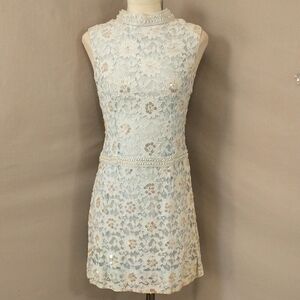 Vintage Ice Blue Dress Pastel Beaded on Lace Midi Party Low Waist Shift w Sequin
